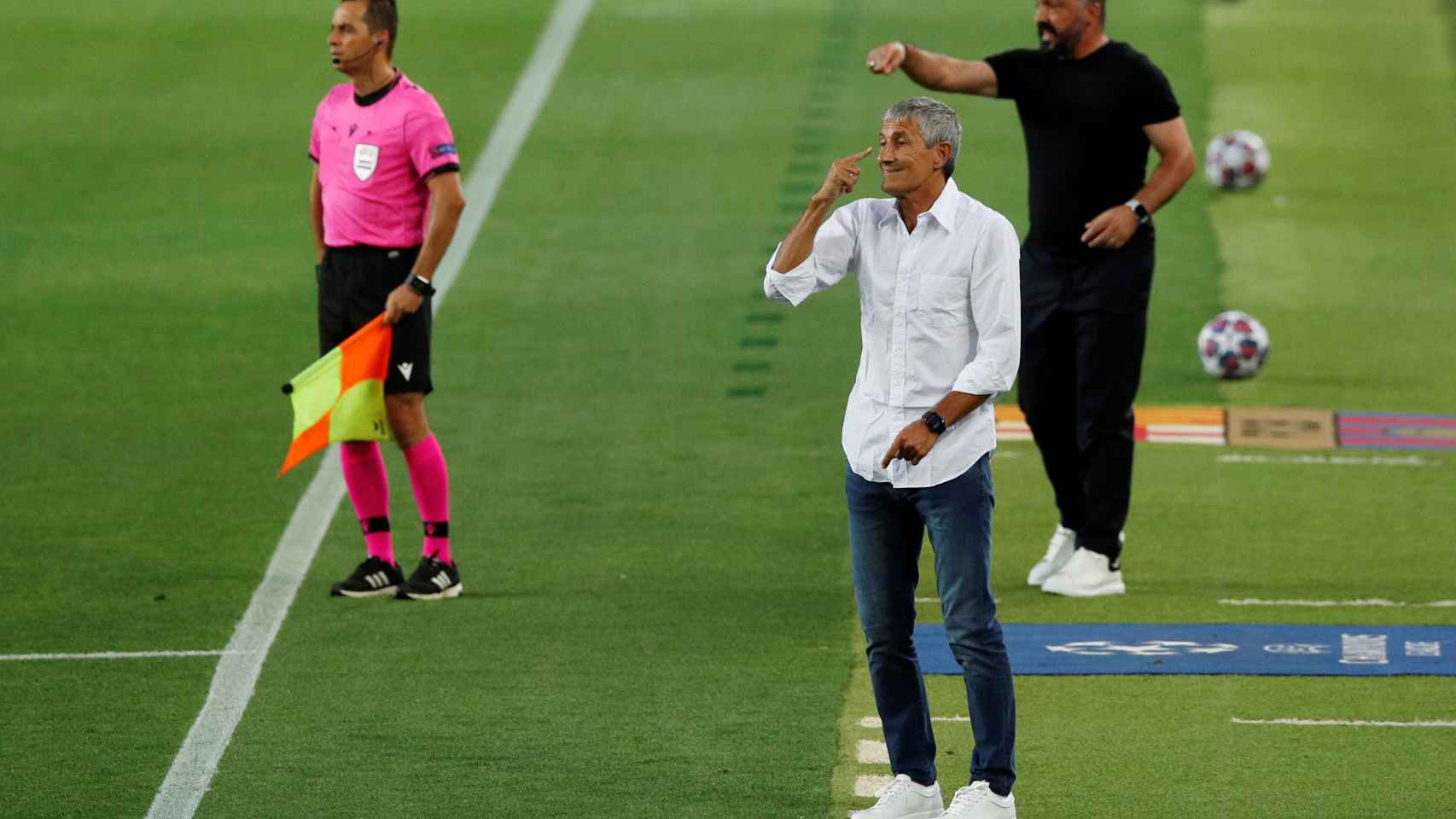 Quique Setién y Gennaro Gattuso, durante el partido entre el Barça y el Nápoles en el Camp Nou