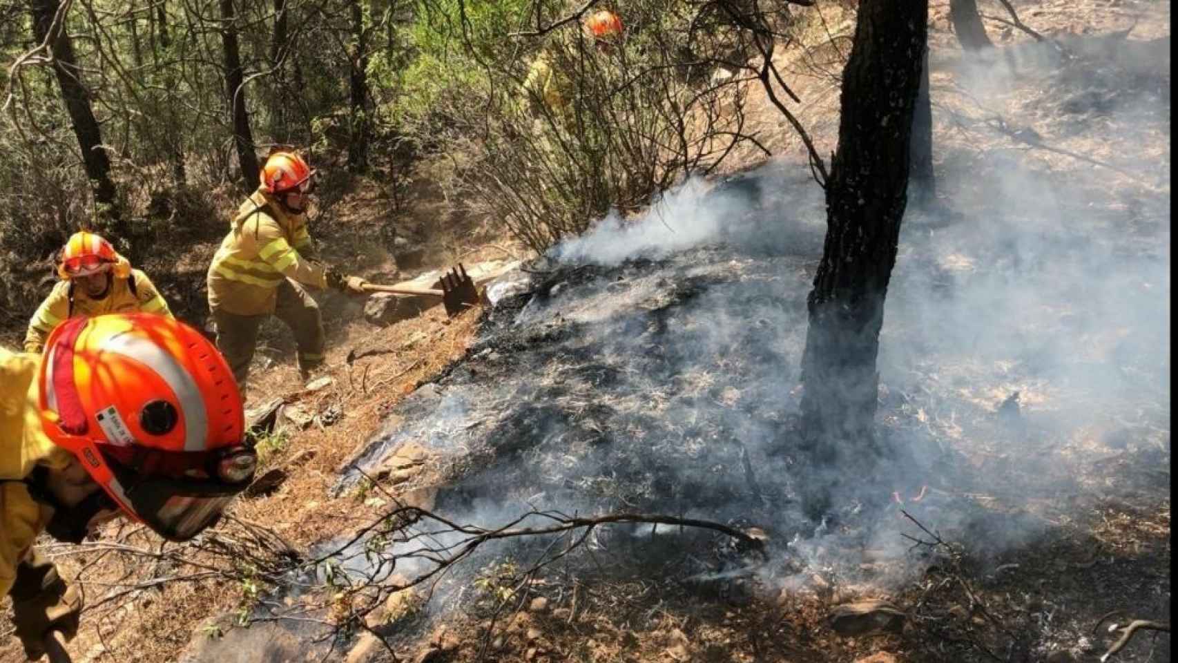 Efectivos del Infoex trabajan para extinguir un incendio forestal.
