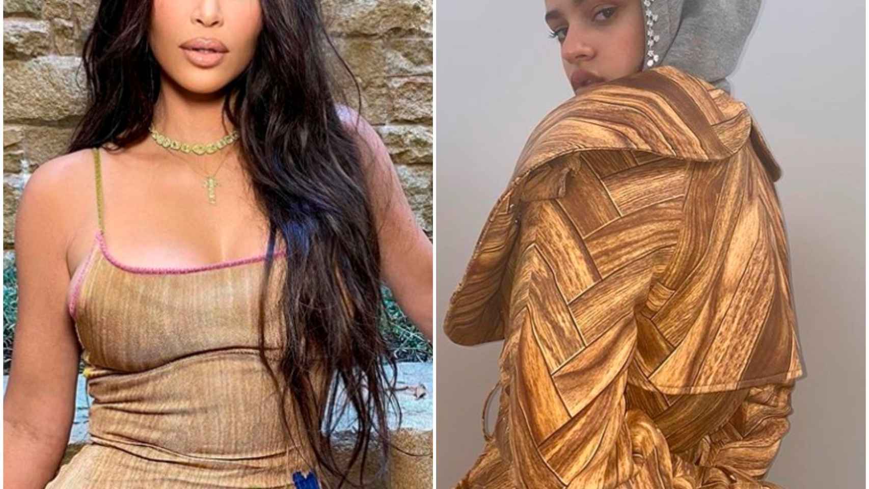 Kim Kardashian y Rosalía luciendo prendas con estampado de madera.