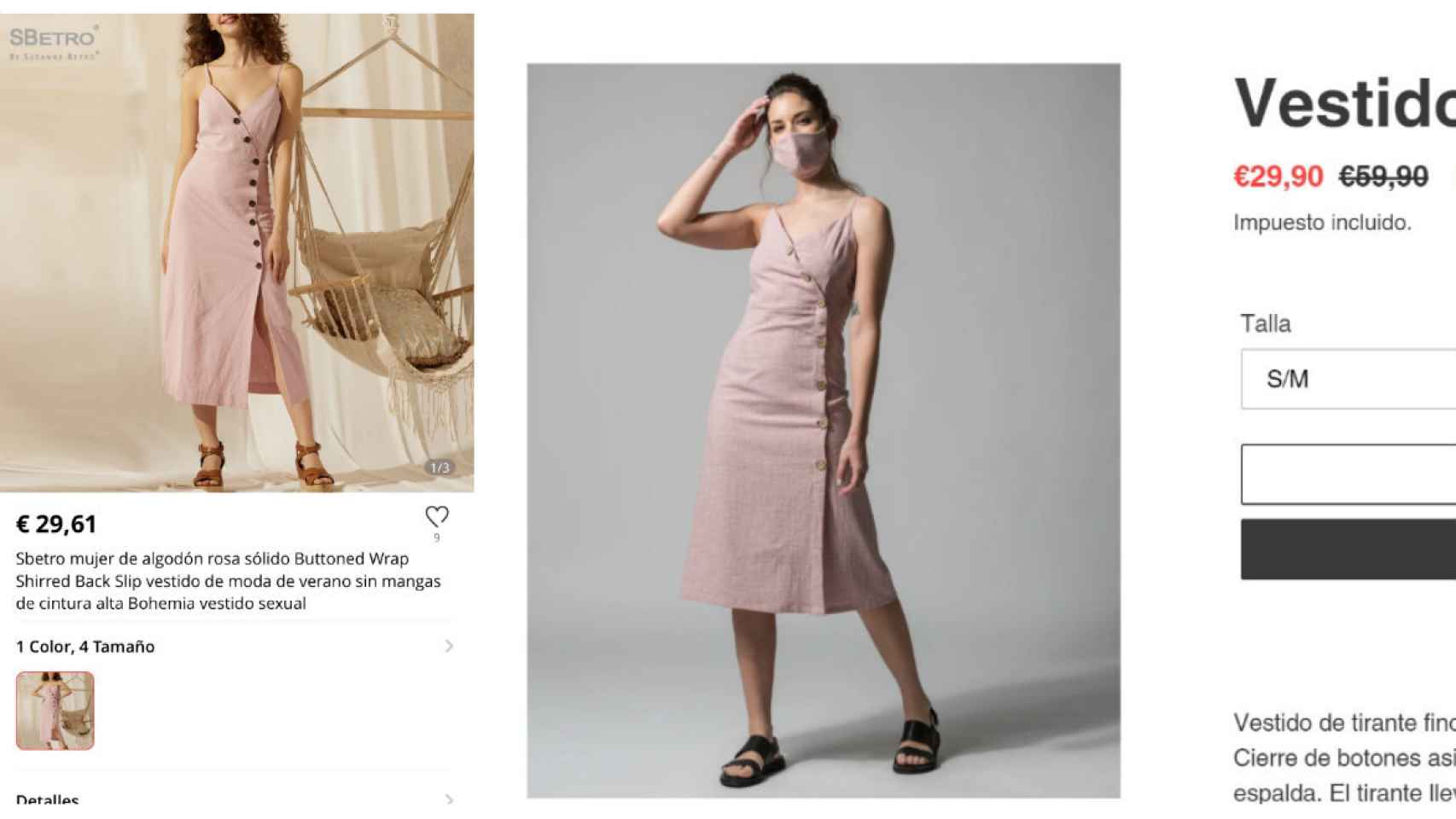 A la izquierda vestido en la web de Aliexpress, y a la derecha vestido en la tienda de Mar Flores.