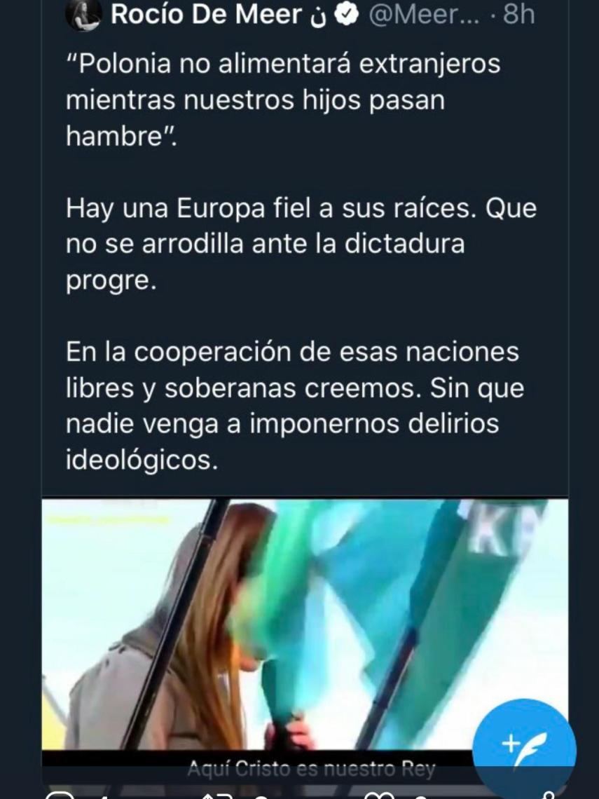 El tuit original publicado por Rocío de Meer, que posteriormente borró.