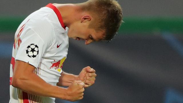 Dani Olmo celebra su tanto ante el Atlético de Madrid