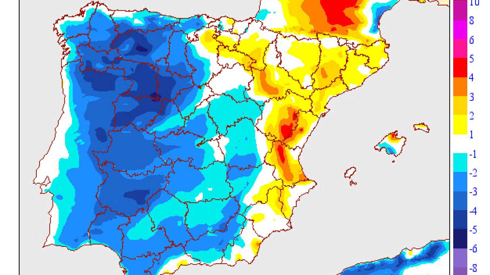 El mapa de temperaturas mínimas en España.