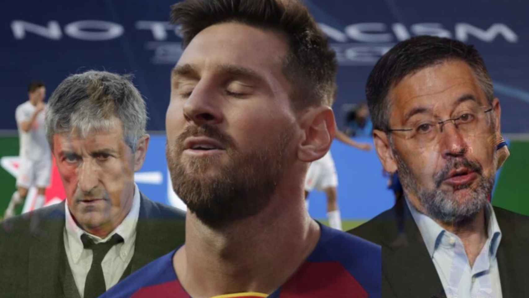 Quique Setién, Leo Messi y Josep Maria Bartomeu