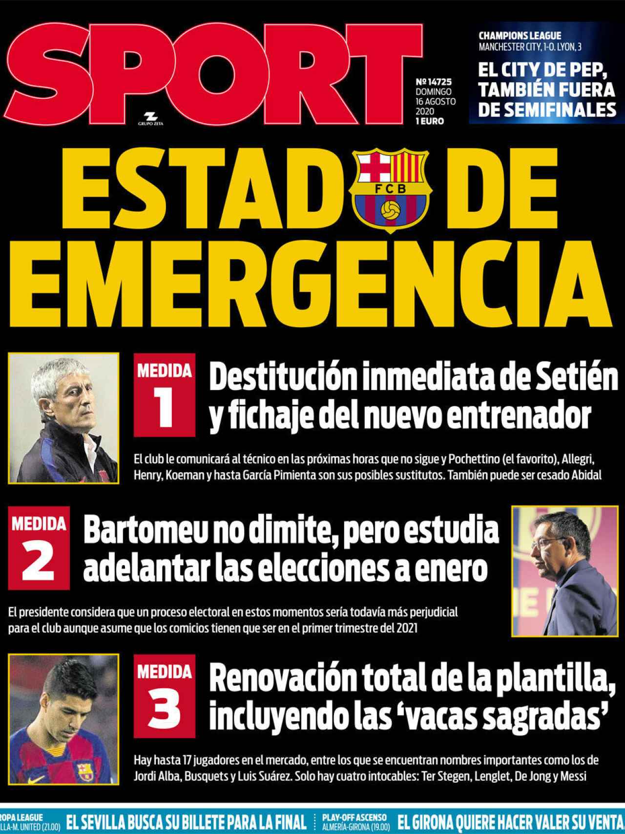 La portada del diario Sport (16/08/2020)