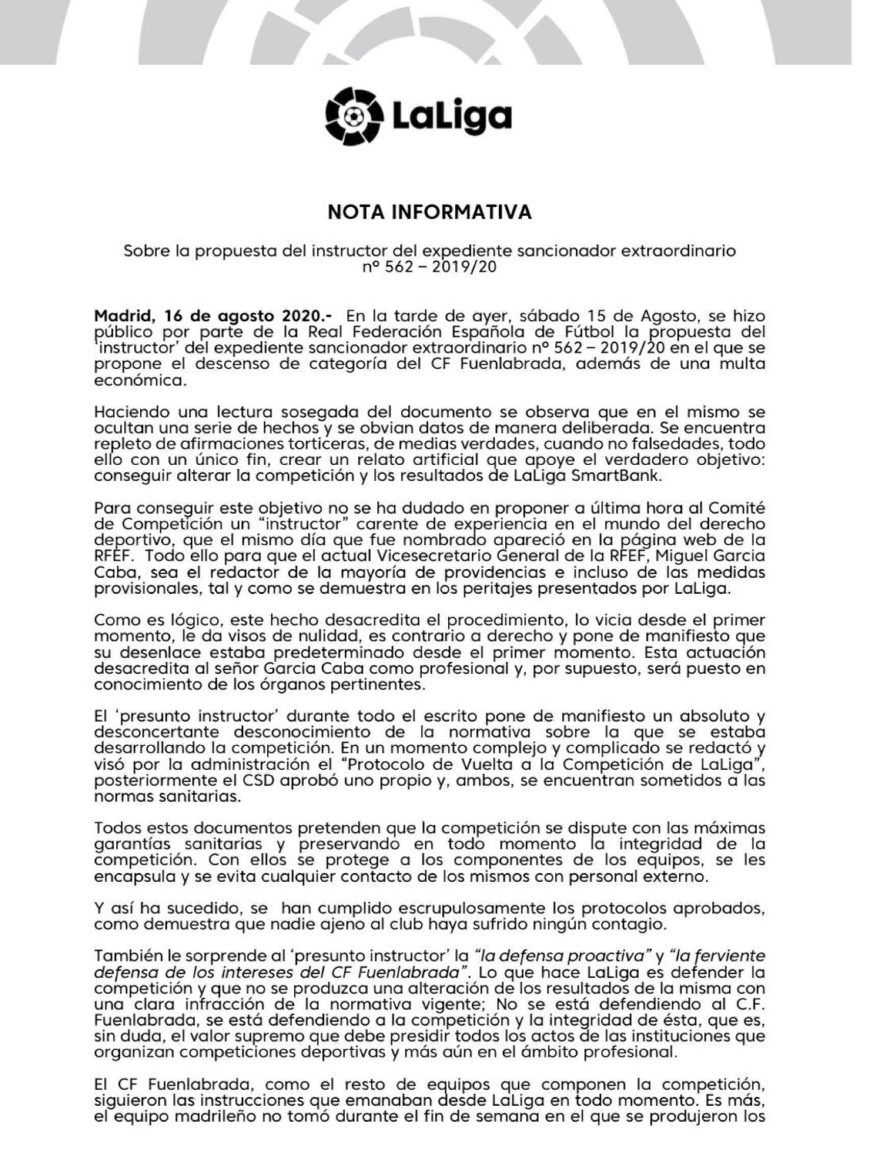 La primera parte del comunicado de LaLiga sobre la propuesta de descenso al Fuenlabrada