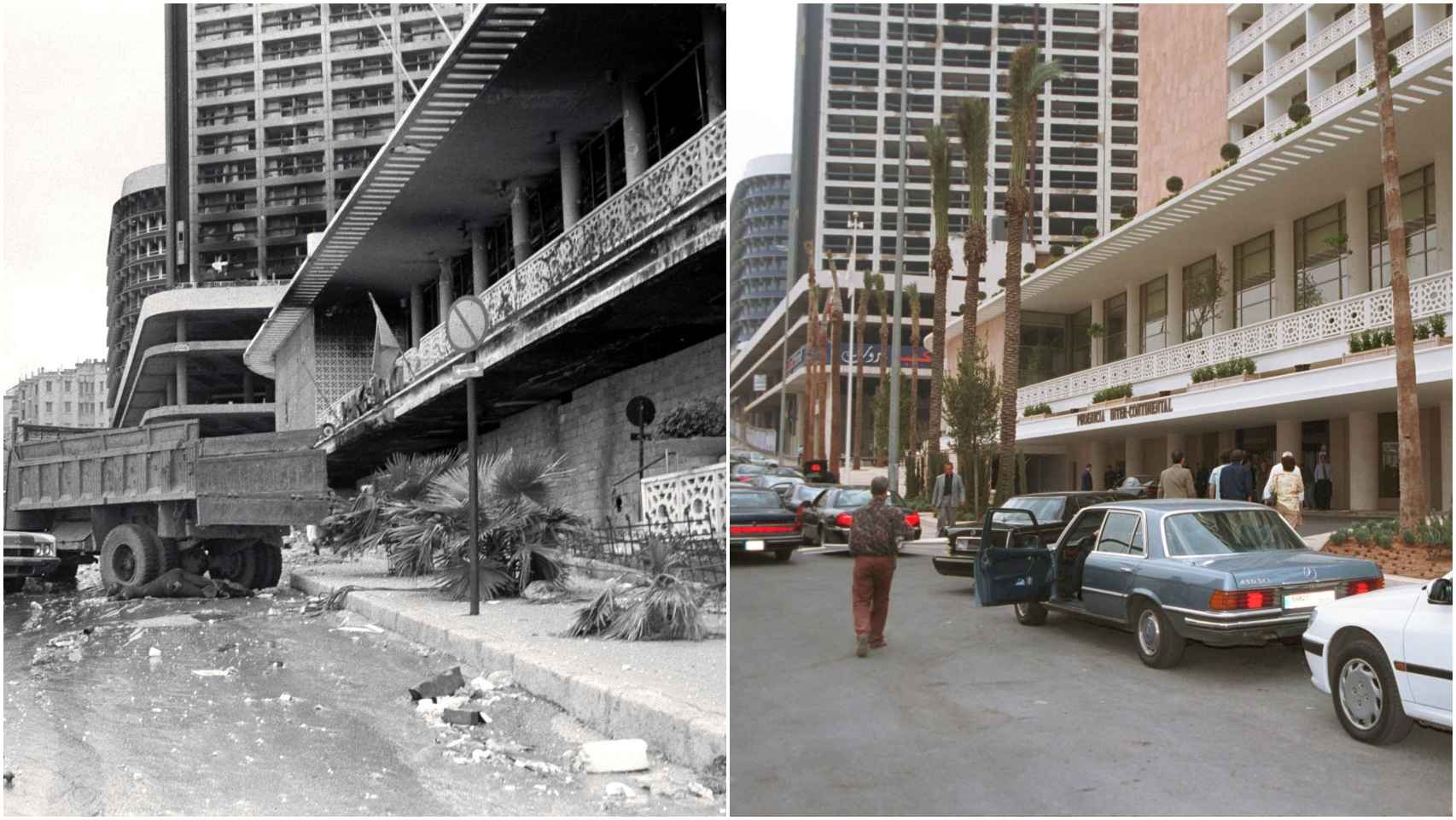 A la izquierda el Hotel Fenicia completamente destruido en 1976. A la derecha, su reapertura en el año 2000.