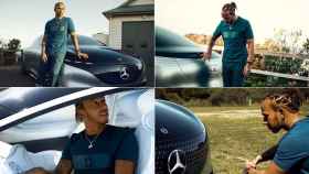 Montaje con la sesión de fotos de Lewis Hamilton y el prototipo del Mercedes EQS.