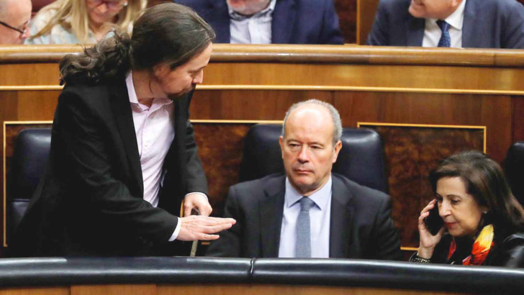 Pablo Iglesias, junto a Juan Carlos Campo y Margarita Robles el pasado 21 de febrero en el Congreso.
