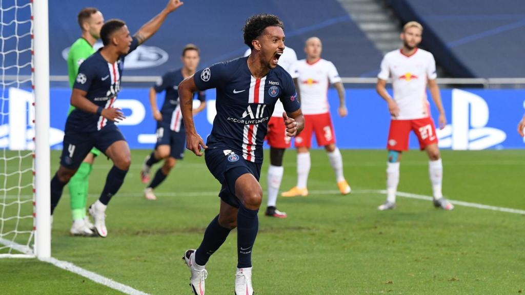 Marquinhos celebra su gol con el PSG en las semifinales de la Champions League