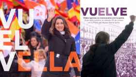 Los militantes de Cs celebran la vuelta de Arrimadas (izda) parodiando el cartel con el que Podemos anunció el regreso de Iglesias tras su paternidad (dcha).