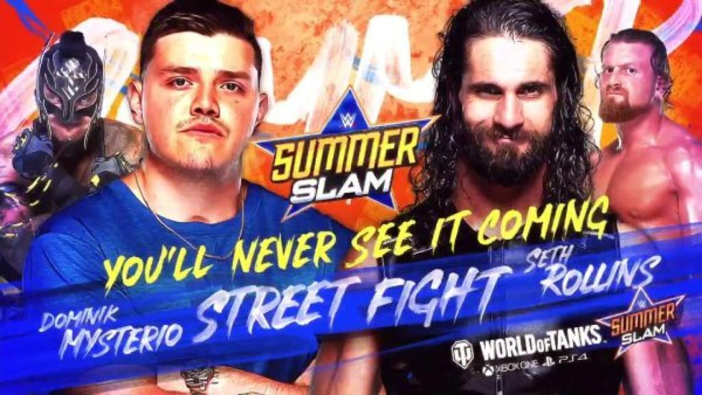 Cartel promocional de la lucha entre Dominik Mysterio y Seth Rollins