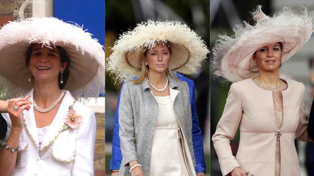 La infanta Elena posando con su pamela en 1999. Marie Chantal Miller y Máxima de Holanda durante la boda de Letizia y Felipe en 2004.