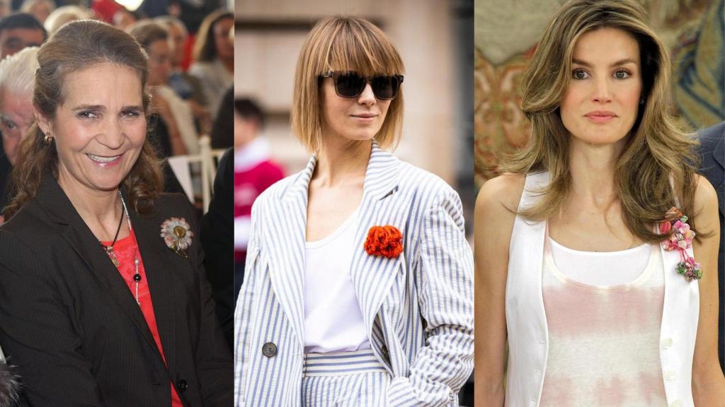 La infanta Elena, la modelo Mila Gazinskaya y la actual reina de España con un broche floral.