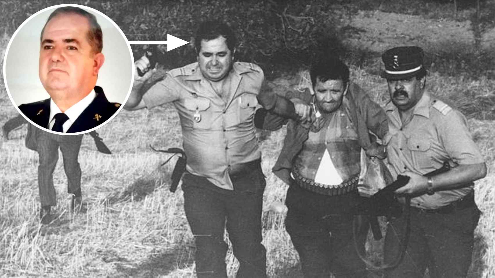Blas Molina (en el redondel izquierda arriba) y Emilio Izquierdo poco después de ser detenido tras la matanza de Puerto Hurraco, en 1990.