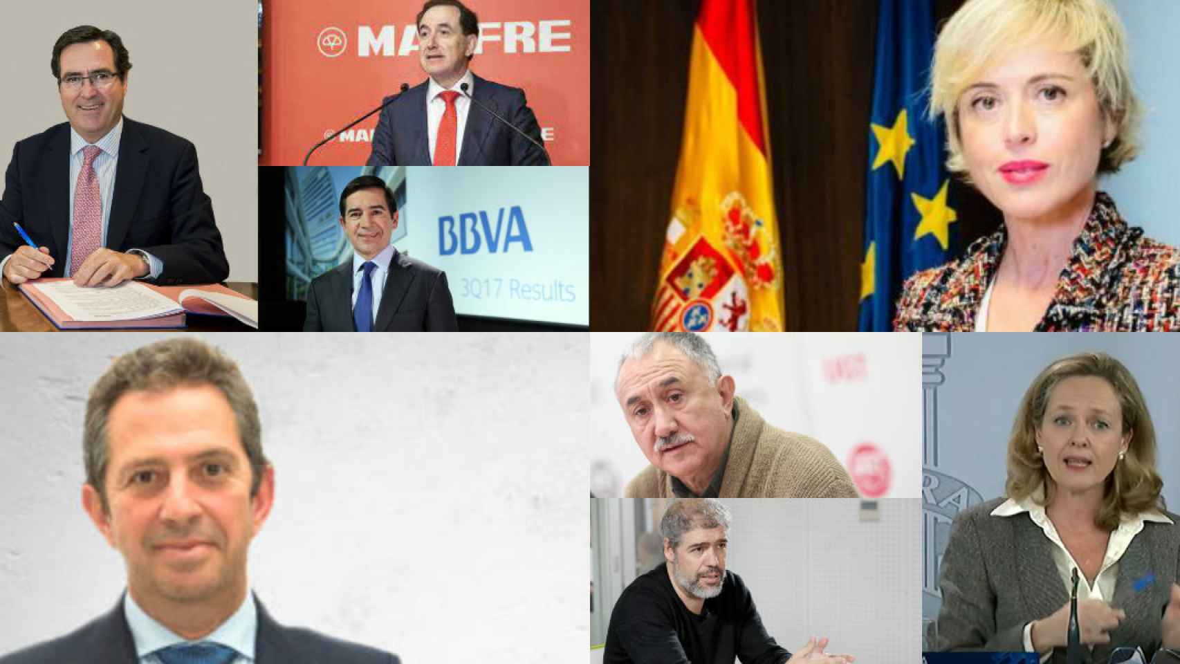 Antonio Garamendi, Antonio Huertas, Carlos Torres, Carme Artigas, Íñigo Fernández de Mesa, Pepe Álvarez, Unai Sordo y Nadia Calviño.