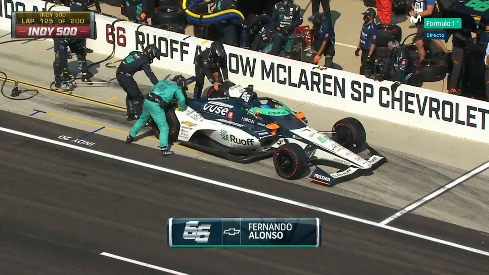 El coche de Fernando Alonso parado en boxes en la edición de 2020 de las 500 Millas de Indianapolis