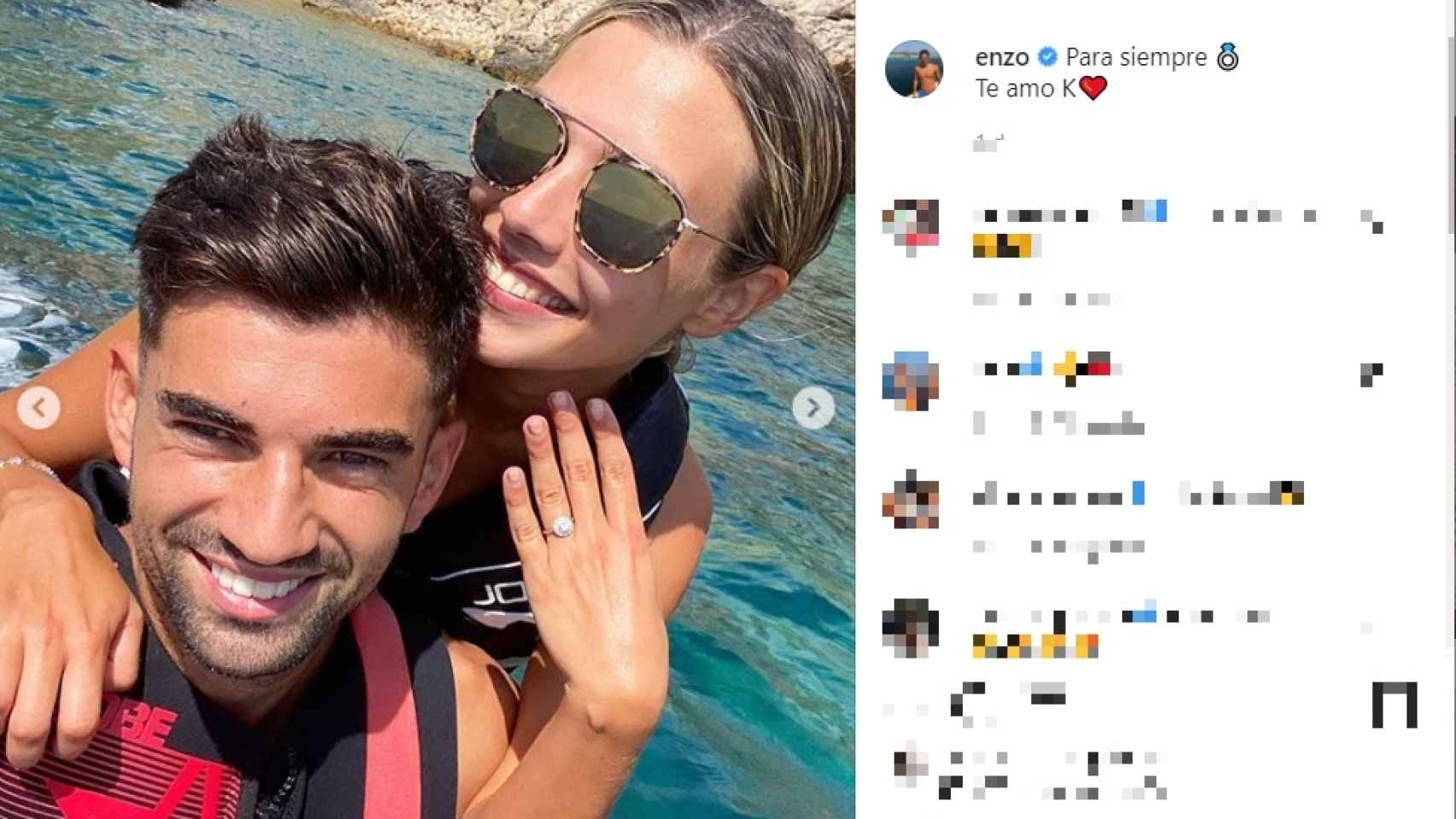 Karen Gonçalves luciendo su anillo de compromiso junto a Enzo Zidane-