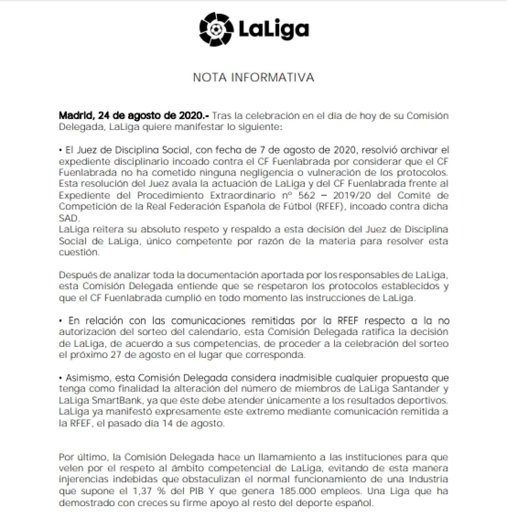 La nota de LaLiga en la que asegura que habrá calendario para la temporada 2020/2021 el 27 de agosto