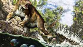 Reconstrucción del ataque de un Purussaurus joven al perezoso terrestre Pseudoprepotherium hace 13 millones de años.