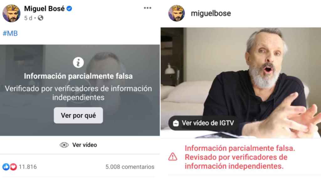 Mensajes de advertencia sobre el contenido de Bosé en Facebook e Instagram.