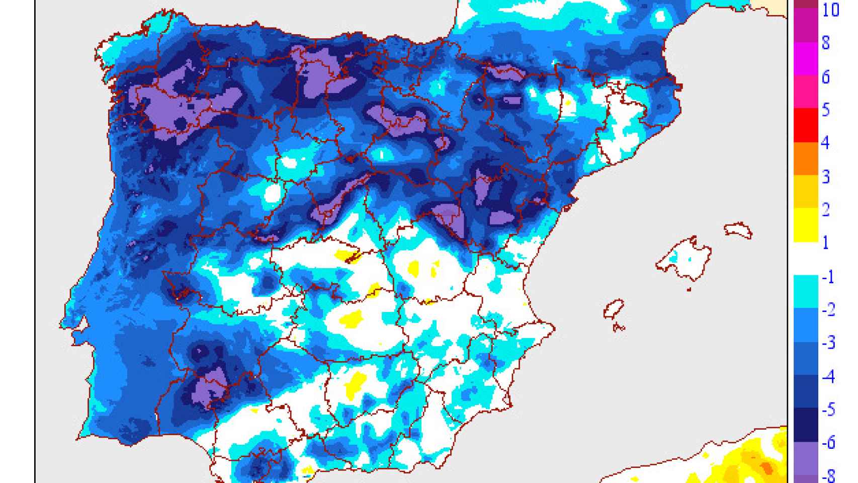 Mapa de las temperaturas mínimas que se esperan este viernes en España.