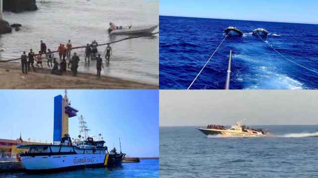 Lanchas de inmigrantes llegados a España recientemente. En ocasiones, el servicio marítimo de la Guardia Civil ha de remolcarlas hasta costa.