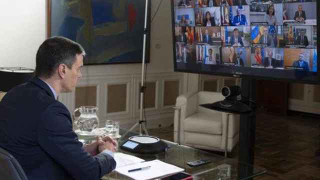 El presidente del Gobierno, Pedro Sánchez, en una videoconferencia con los presidentes autonómicos.