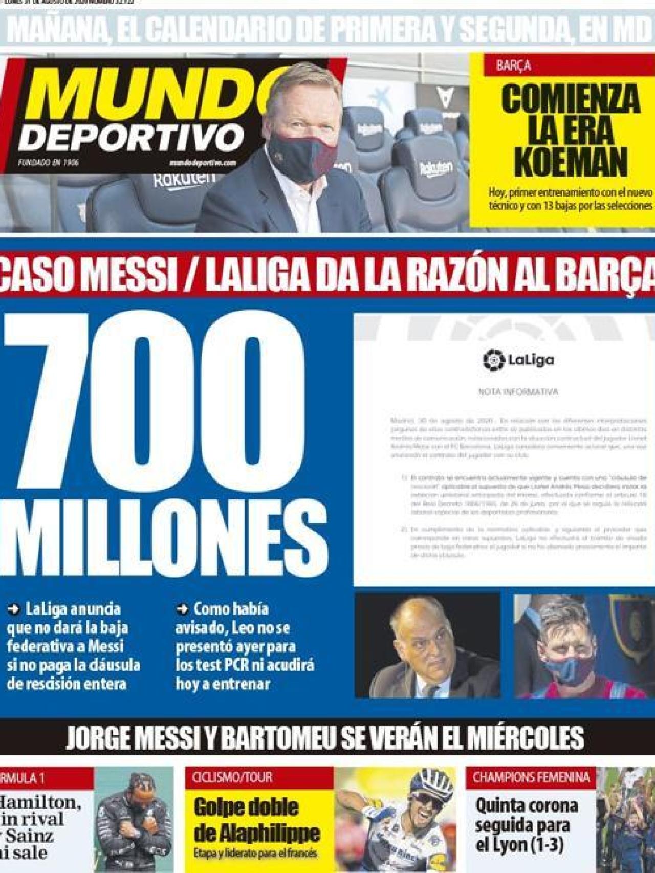 La portada del diario Mundo Deportivo (31/08/2020)