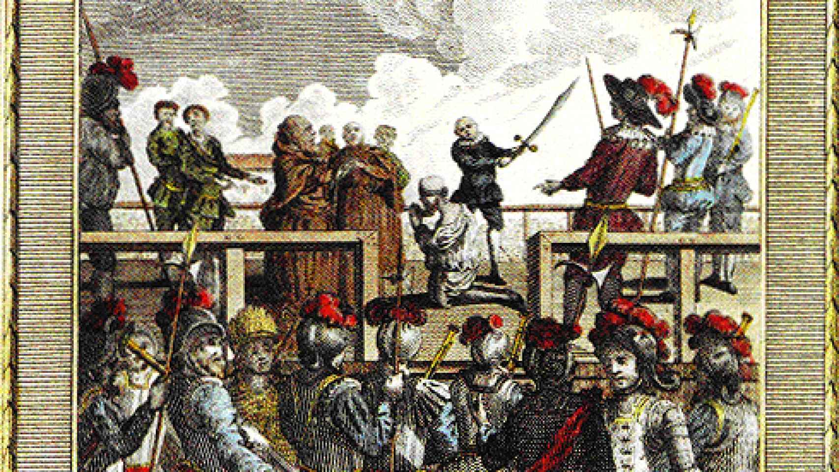 Ilustración del siglo XVIII que representa la ejecución de Gonzalo Pizarro.