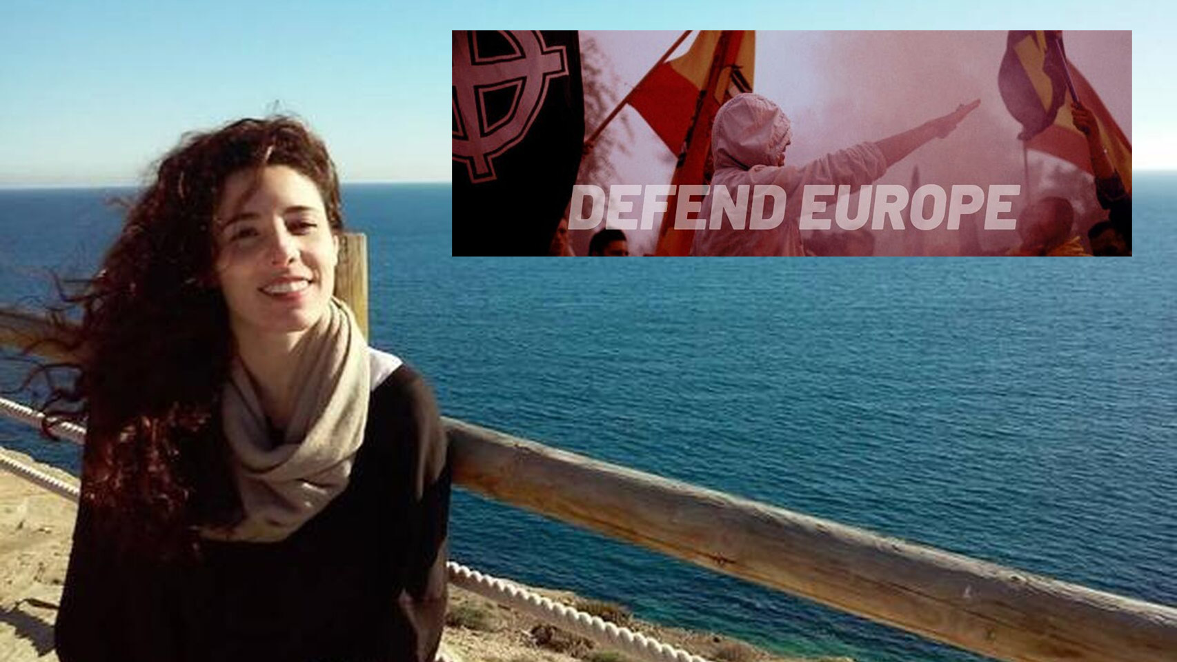 Rocío de Meer, diputada de Vox por Almería, junto a la imagen que utiliza el grupo neonazi Amenece Europa.