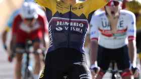 Roglic celebra el triunfo en la cuarta etapa del Tour de Francia