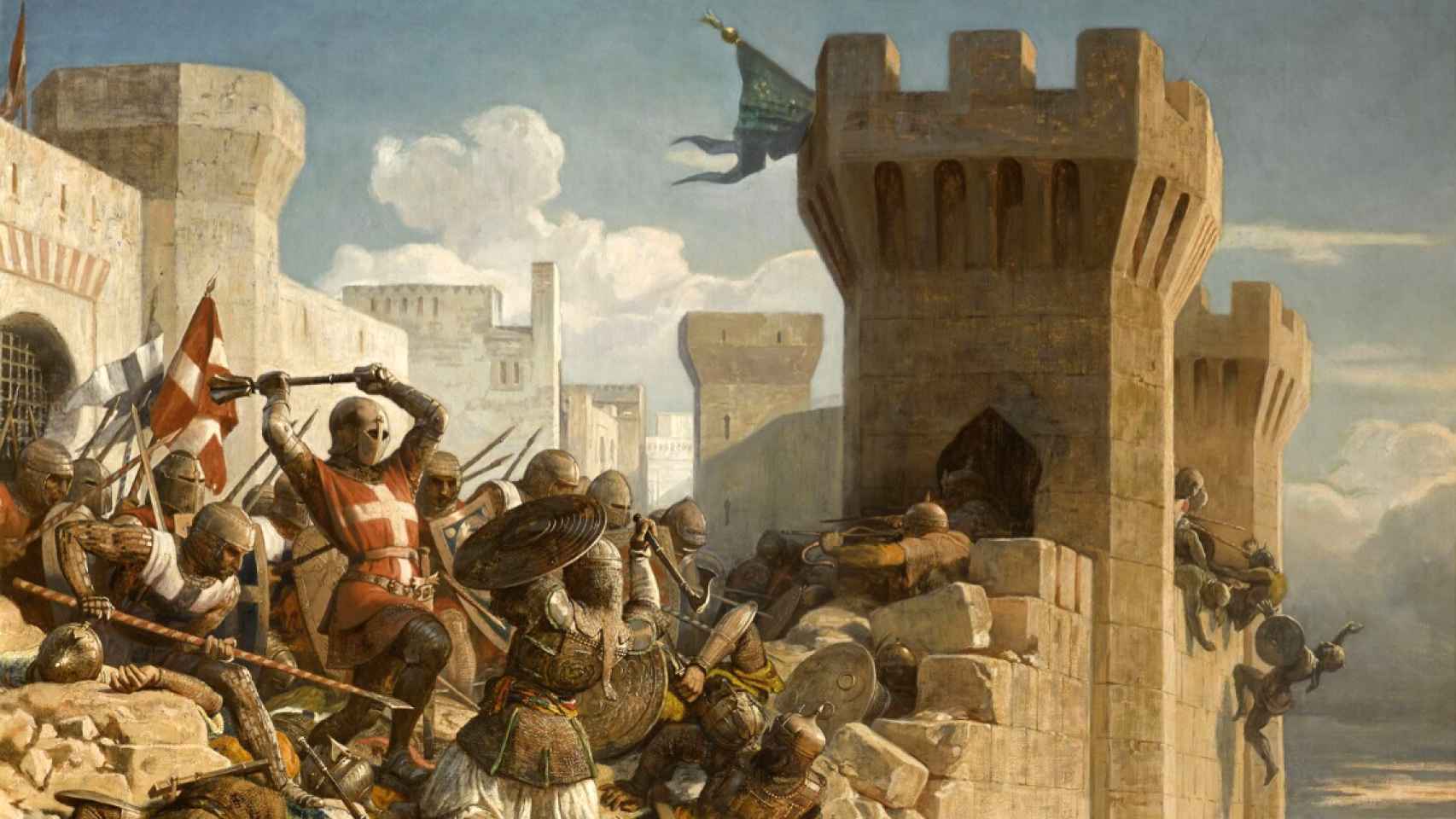Un contingente de hospitalarios defendiendo las murallas de Acre.