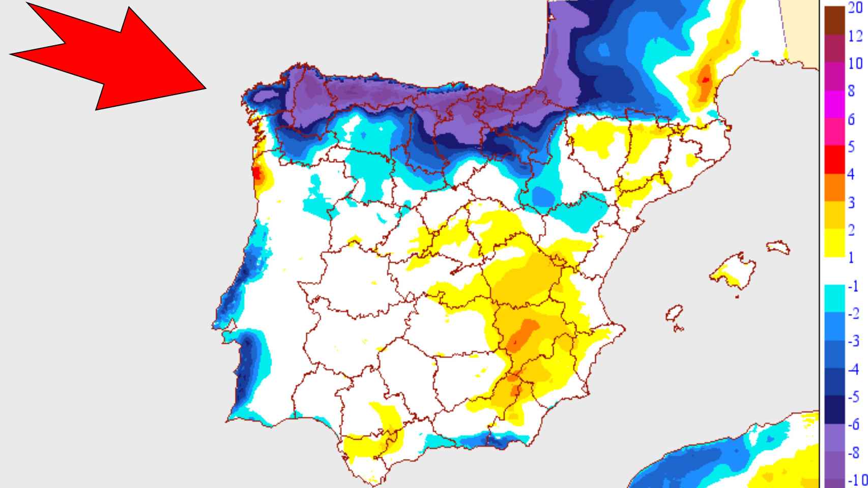 Variaciones de temperaturas para el sábado 5 de septiembre en la Península y Baleares. AEMET.