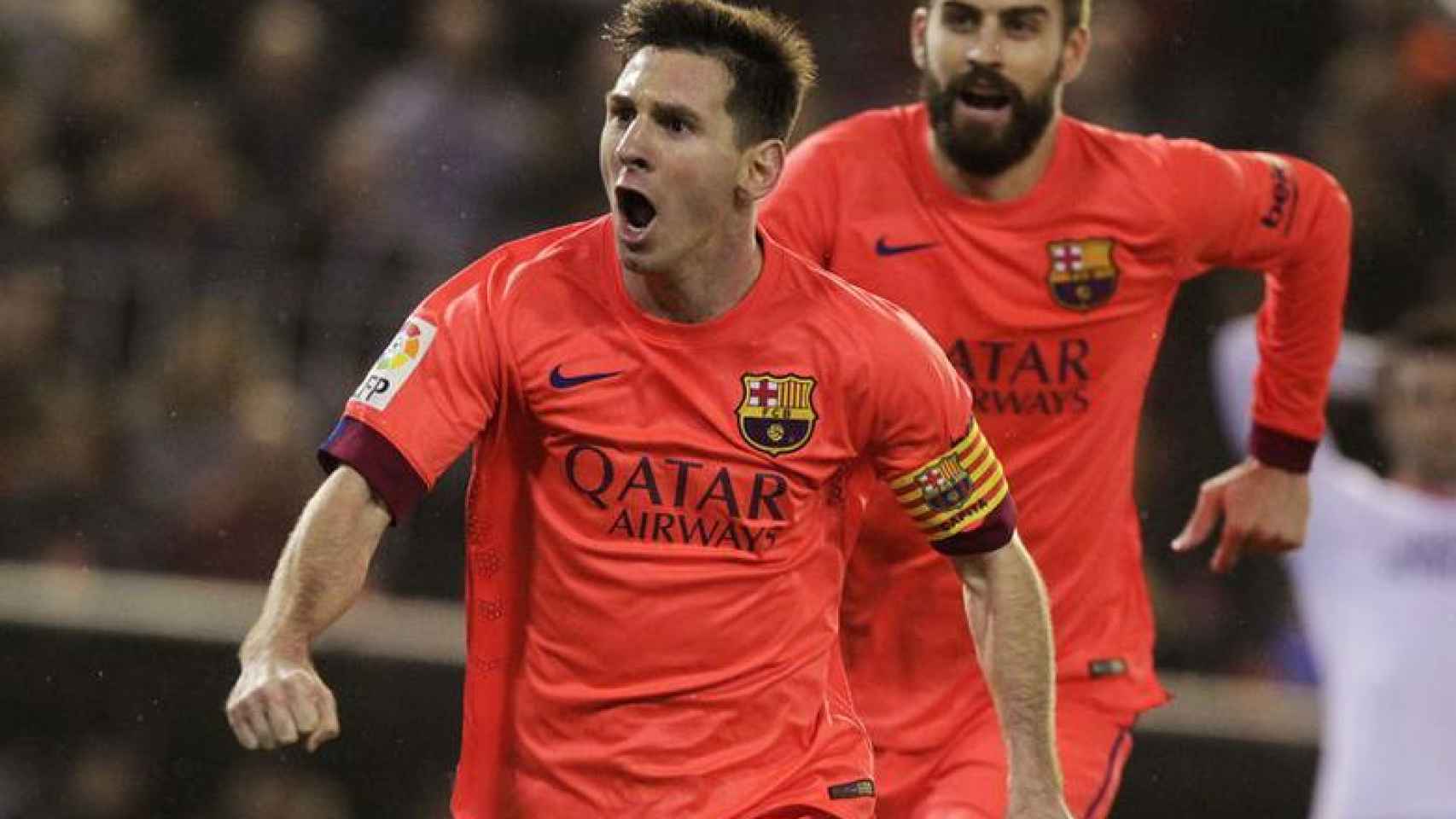 Messi y Piqué celebran un gol del FC Barcelona