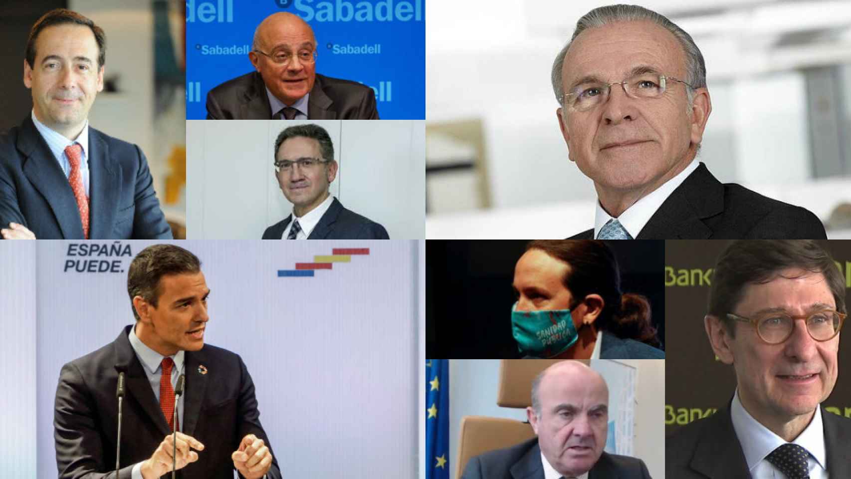 Gonzalo Gortázar, Josep Oliu, Jaume Giró, Isidro Fainé, Pedro Sánchez, Pablo Iglesias, Luis de Guindos y José Ignacio Goirigolzarri.