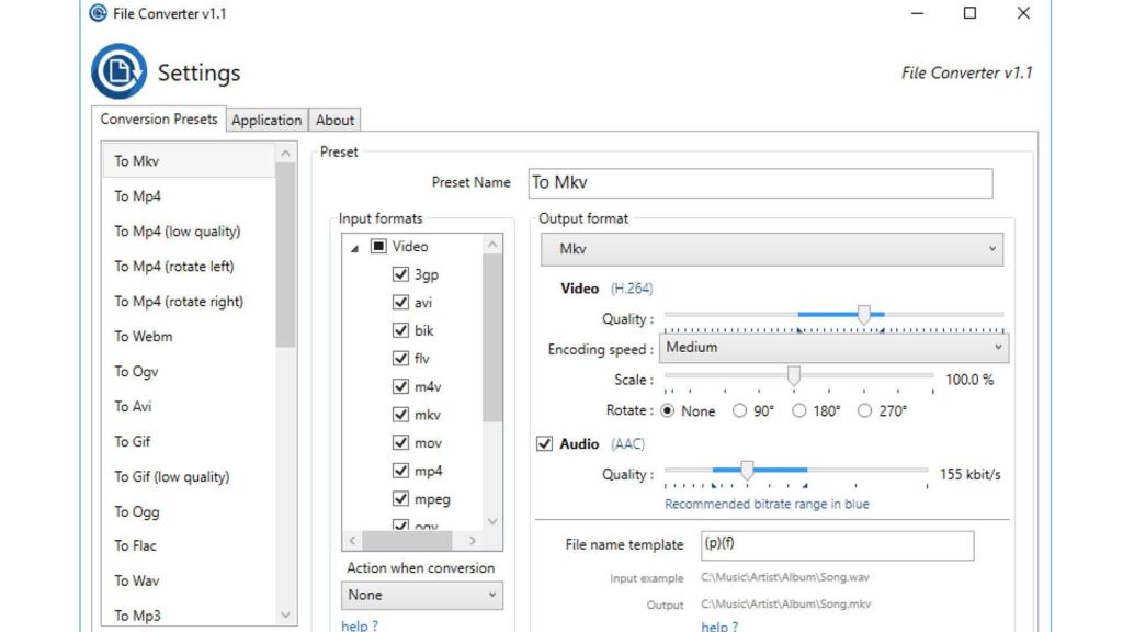 Ajustes de File Converter.
