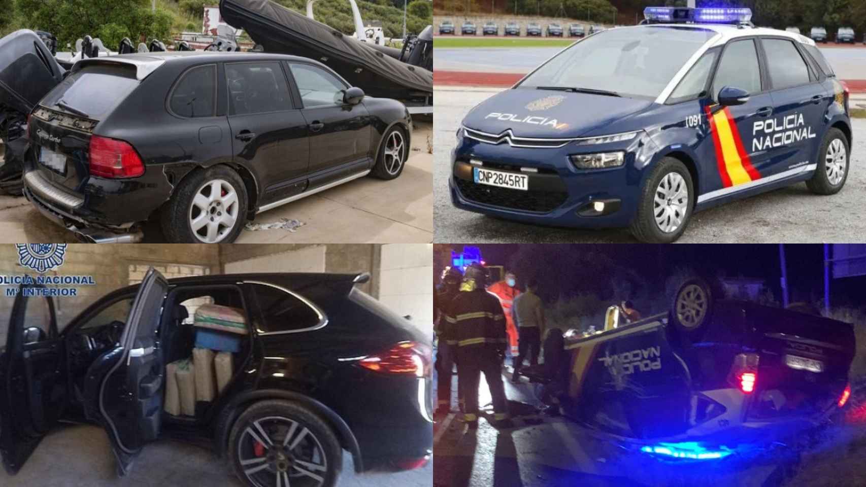 A la izquierda, coches usados por los narcos del sur de España para atentar contra los vehículos policiales (derecha).