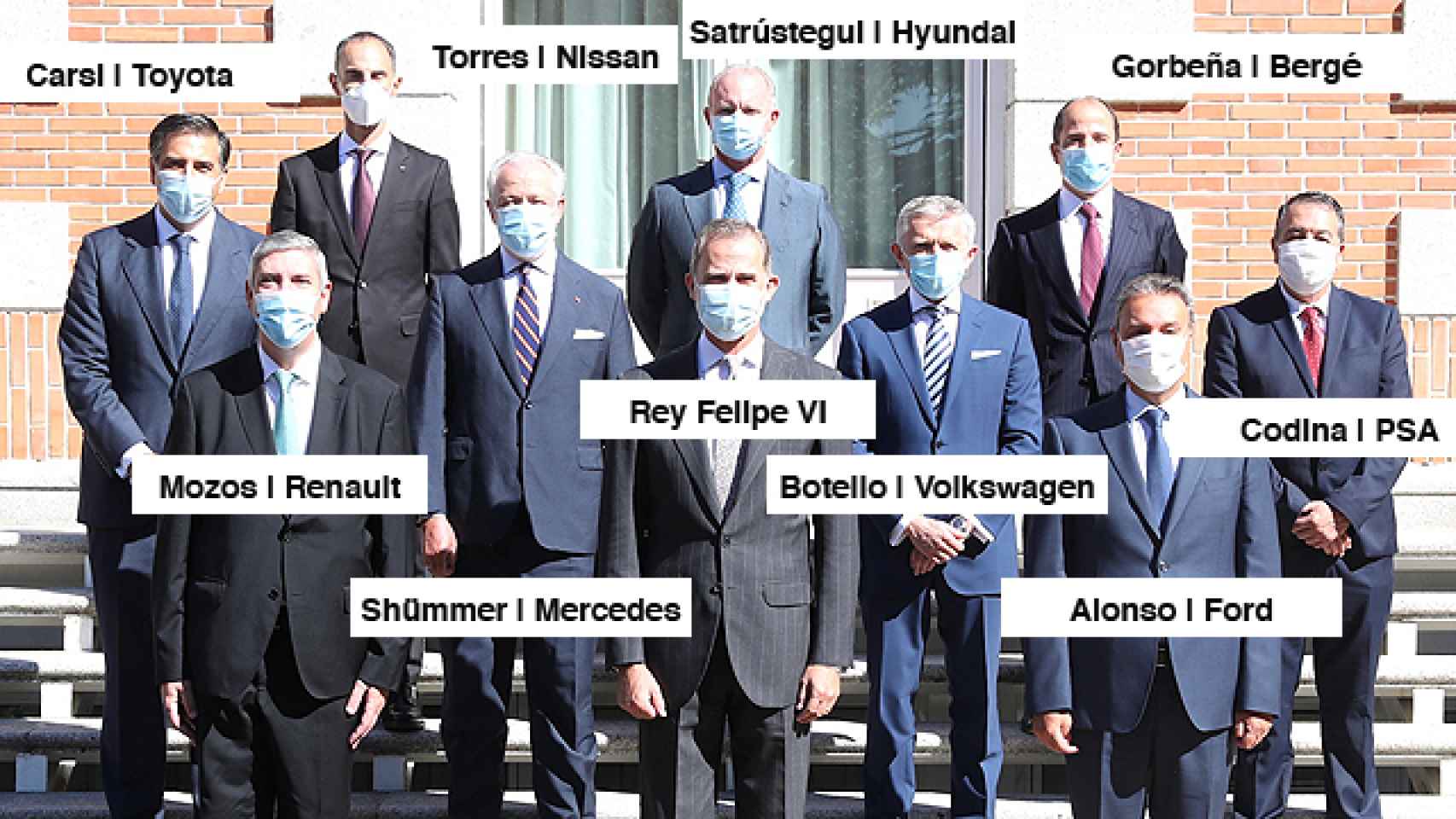 Los representantes de los fabricantes de automóviles junto al Rey Felipe.