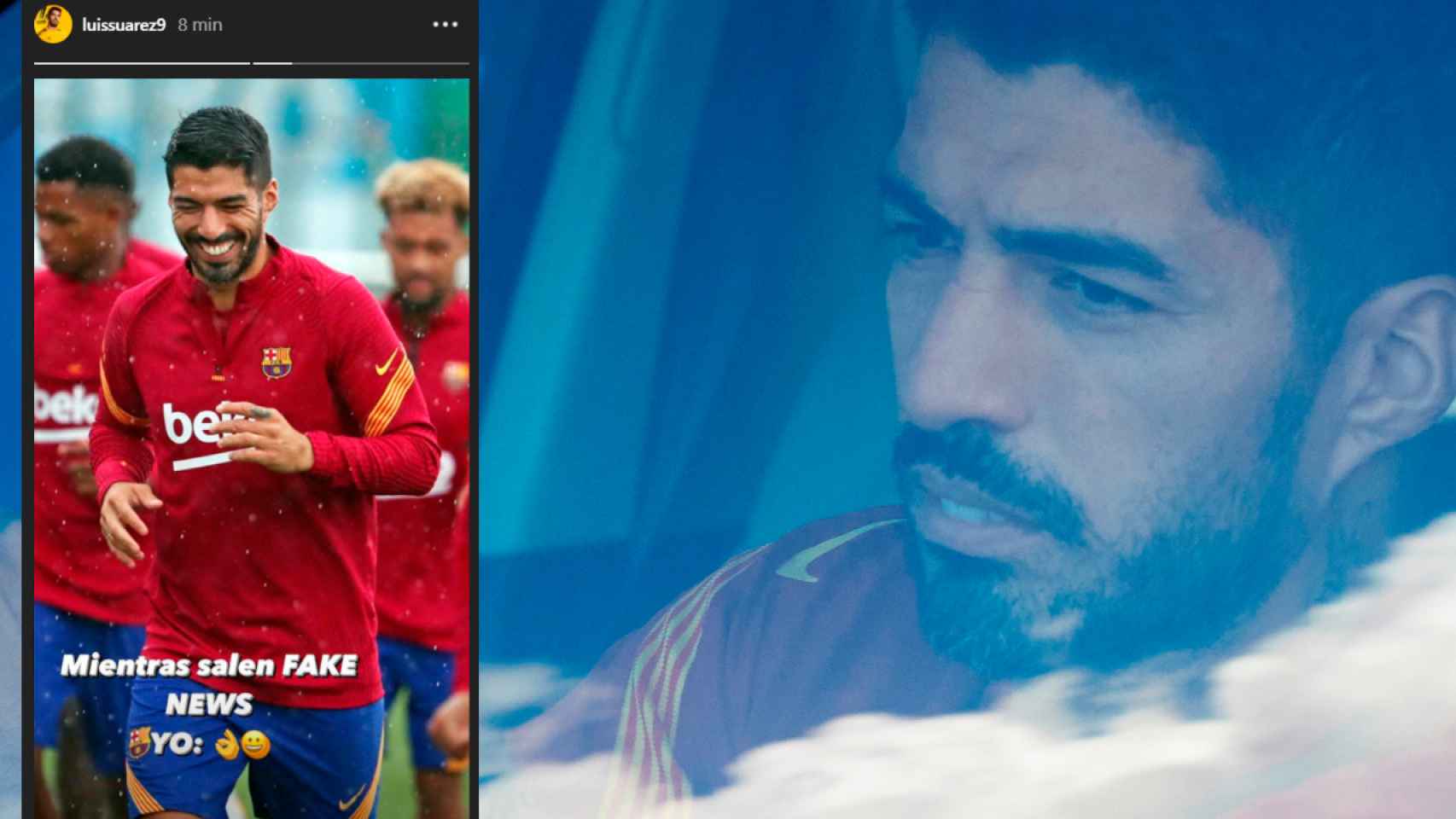 Luis Suárez en su coche y su mensaje en Instagram en un fotomontaje