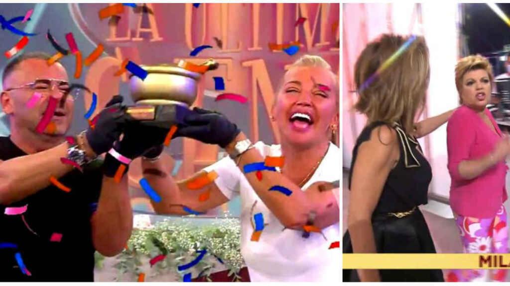 Belén Esteban y Jorge Javier Vázquez disfrutando de tu triunfo en 'La última cena' mientras que Terelu Campos abandonaba el plató.