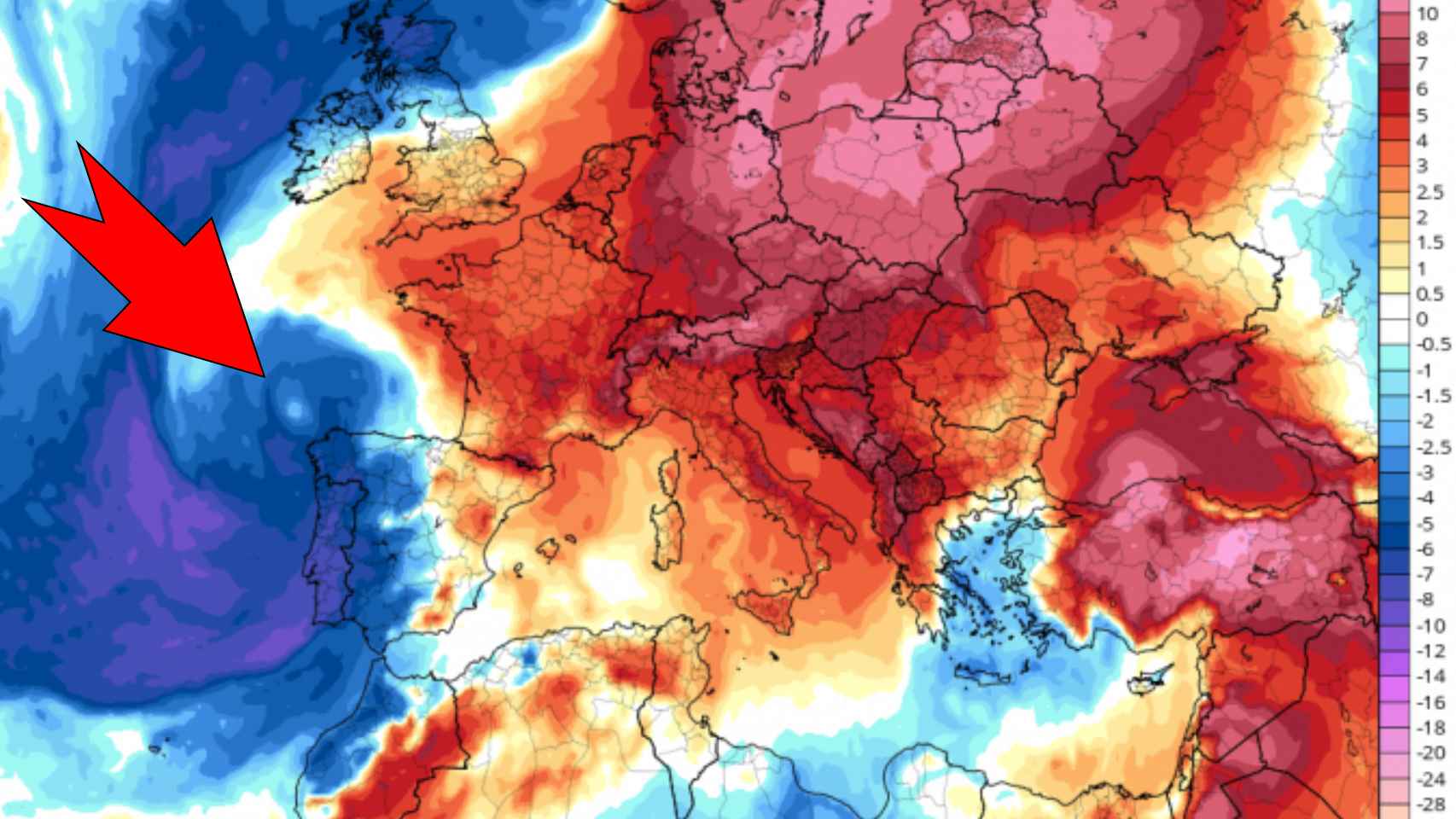 Posición de la DANA y anomalías de temperaturas para el 16 de septiembre. Severe-weather.eu