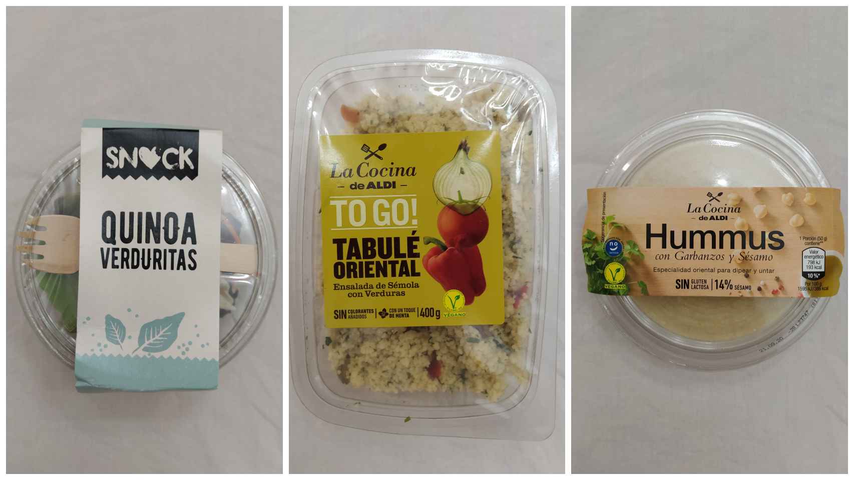 La ensalada de quinoa, el 'Taboulé' Oriental y el hummus, los tres platos vegetarianos elegidos.