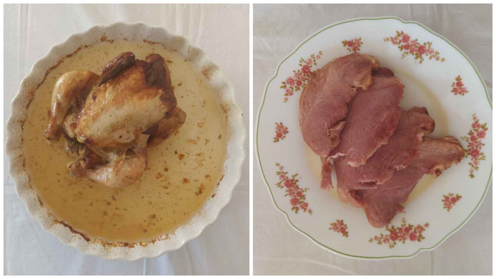 El pollo asado y la paleta de cerdo asada y troceada de Aldi, ya calentados y servidos.