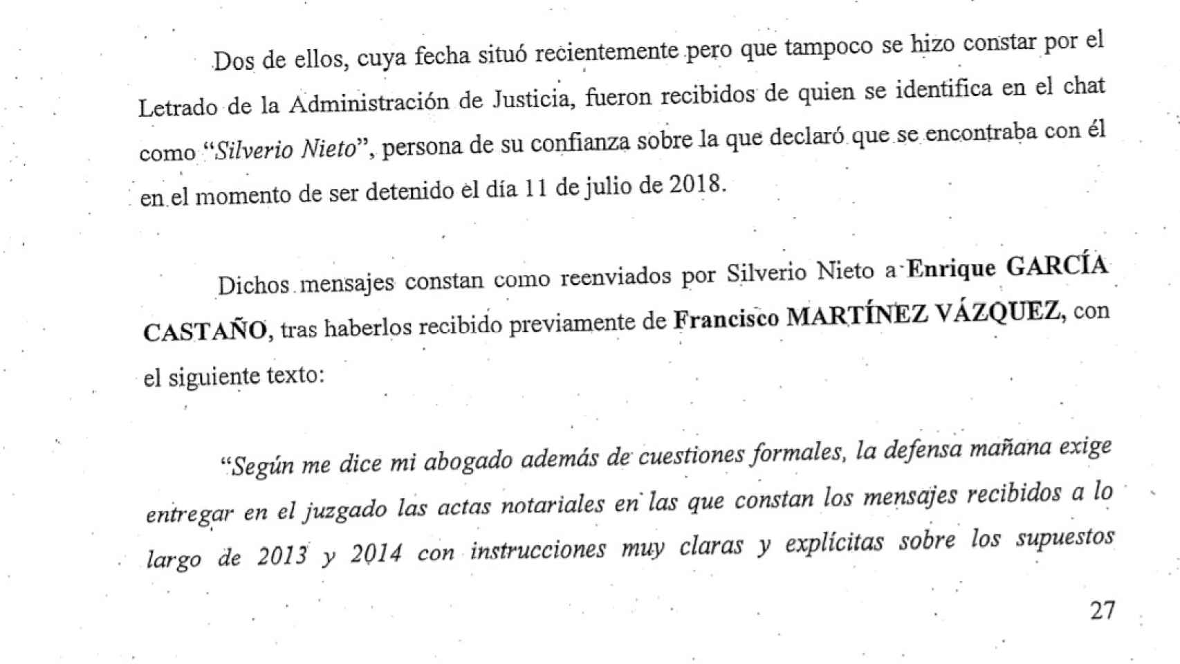 Uno de los pasajes del escrito enviado al juzgado por la Fiscalía Anticorrupción en el que aparece citado Silverio Nieto.