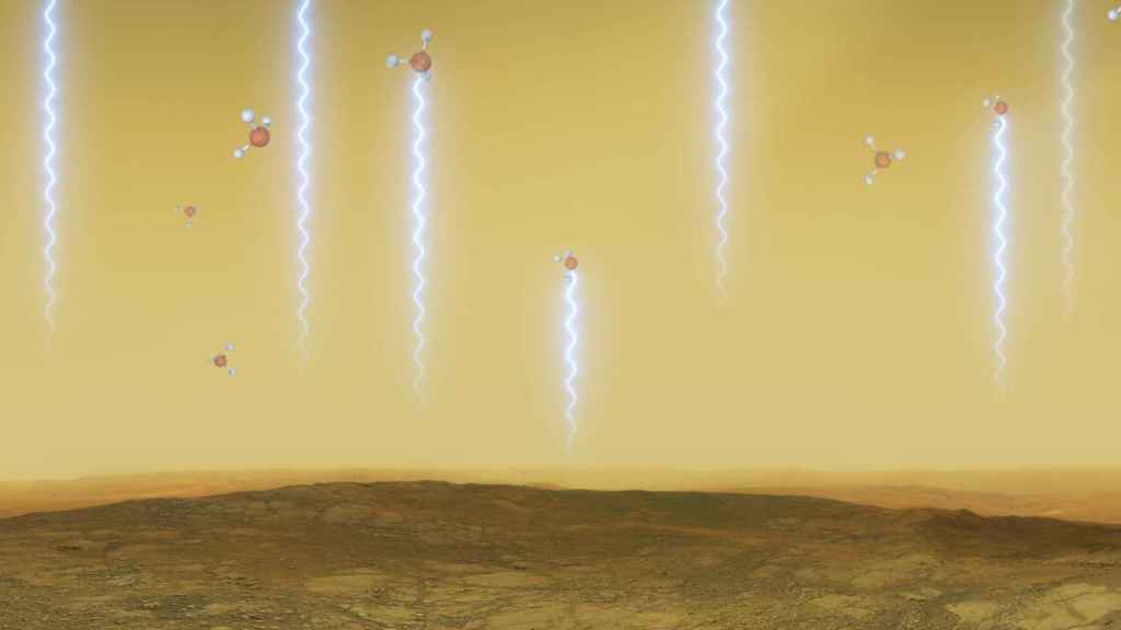 Esta ilustración muestra la superficie y la atmósfera de Venus, así como las moléculas de fosfina. ESO