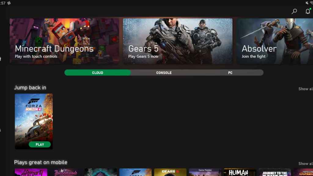 La opción Cloud en la app de Xbox Game Pass para Android