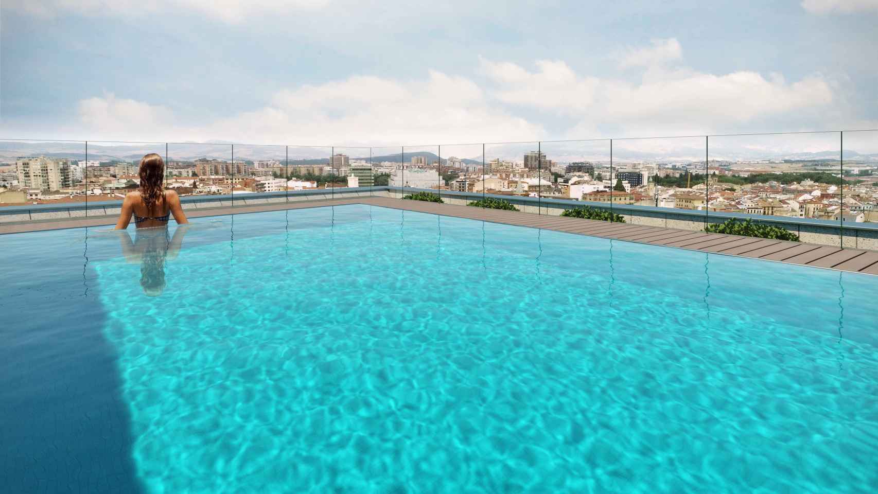 La piscina con solárium en la azotea de la promoción Atalaya de Aedas Homes en Pamplona.