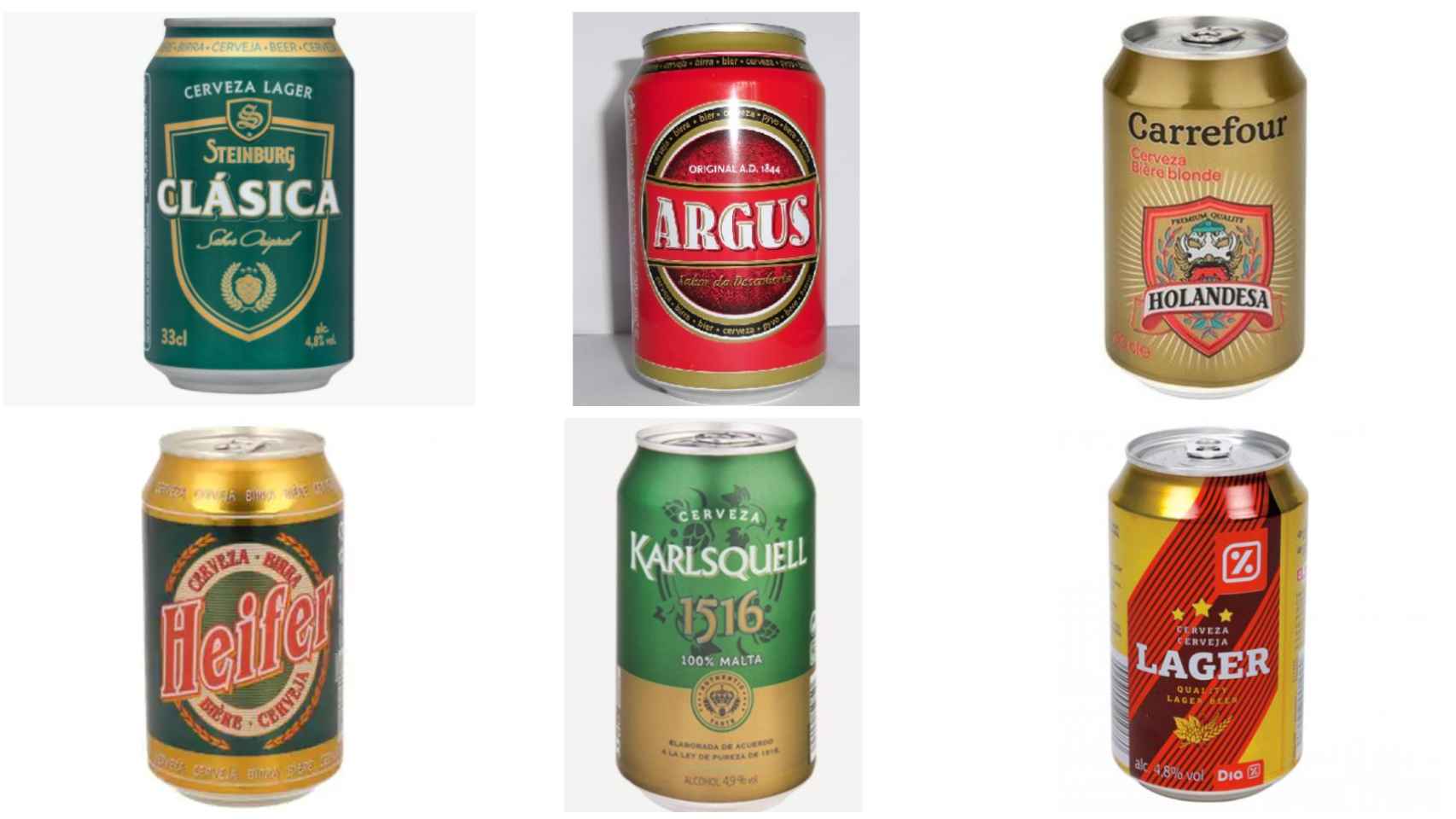 De arriba a abajo y de izquierda a derecha: la cerveza clásica de Mercadona, Lidl, Carrefour, Alcampo, Aldi y Dia.