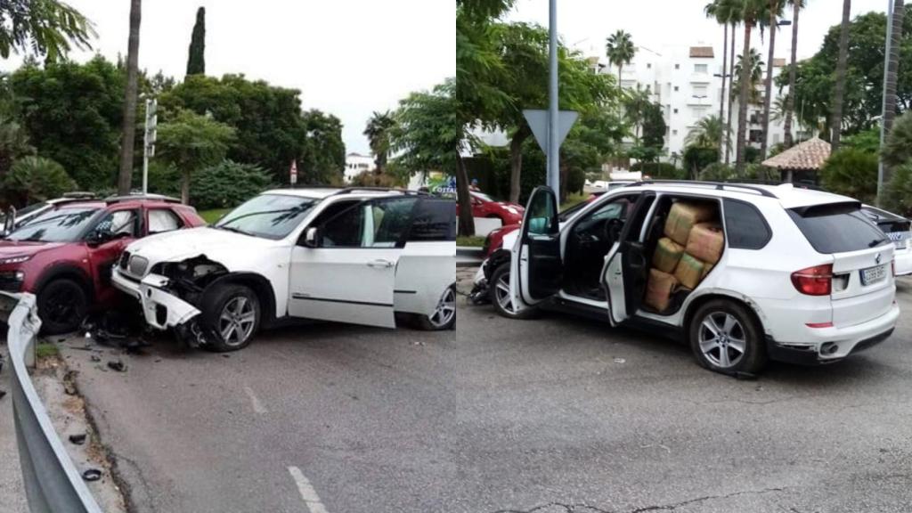 El estado en el que ha quedado el BMW con los fardos a bordo.